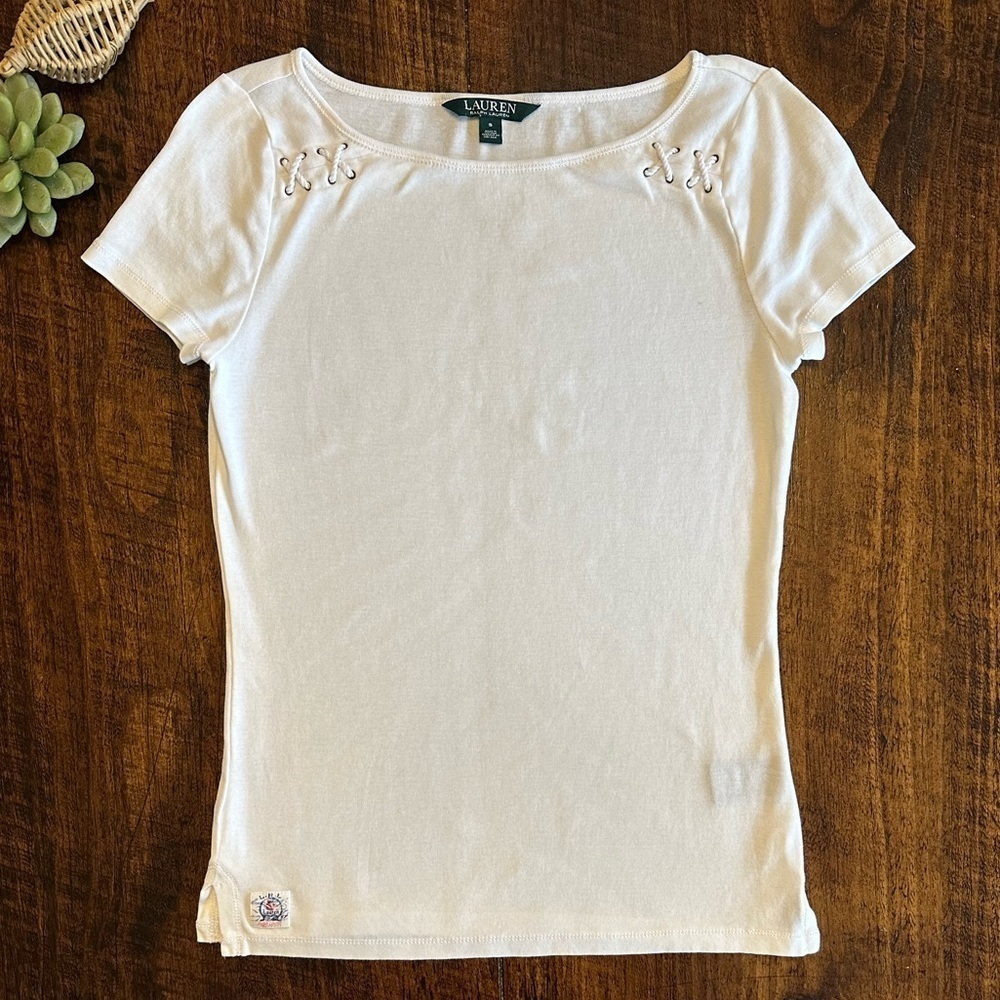 Lauren Ralph Lauren | White Cotton Tee with Nautical Laces on Shoulders